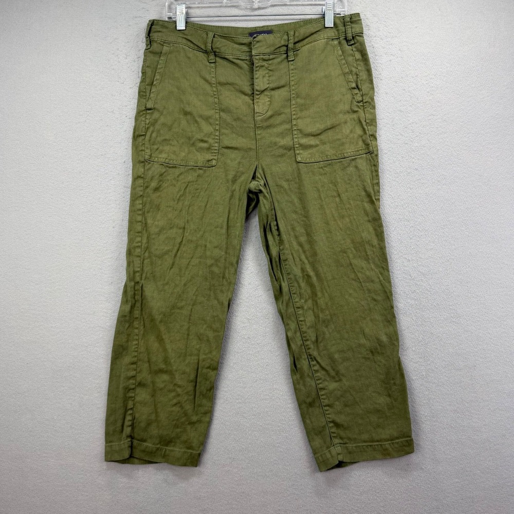 NYDJ Pants Women 12 Olive Green Linen Blend Utility Cropped Straight Leg Casual